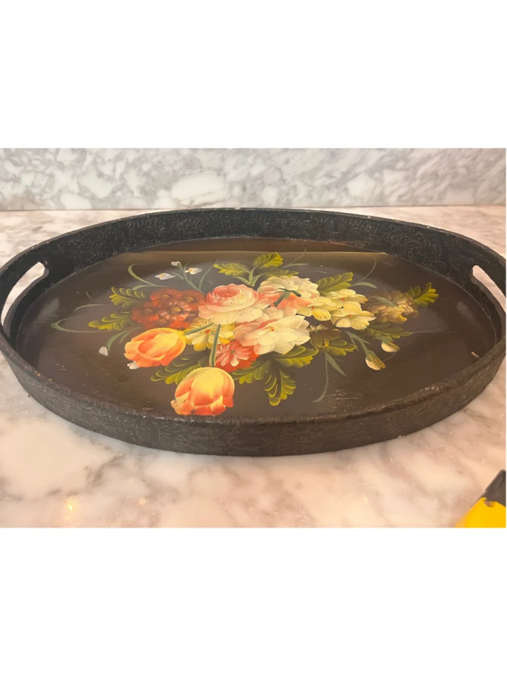 Vintage Hand Painted Wooden Floral Serving Tray Oval Black Toleware Style